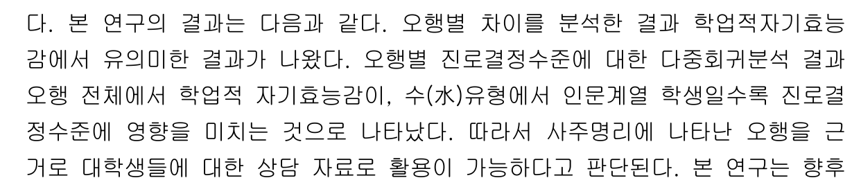 사주 일간의 오행별 학업적 자기효능감이 진로결정수준에 미치는 영향